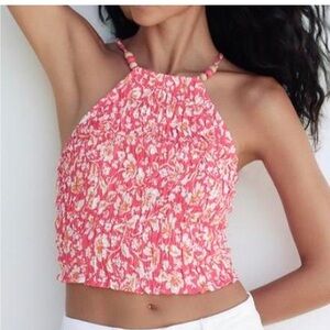 Zara Floral Pink Halter Crop Top Stretch elastic smocking wrap top in L- NWT